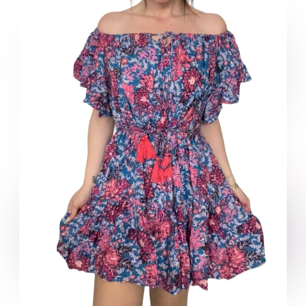 Rachel Roy Floral off shoulder tie waist tassel sun dress M - Picture 1 of 11